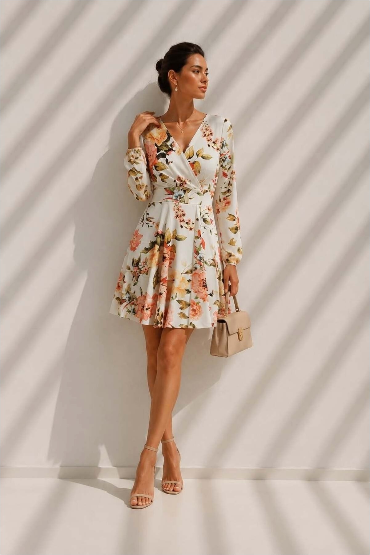 Kadın Trend Model Kruvaze Yaka Mini Uzun Kollu Abiye Elbise