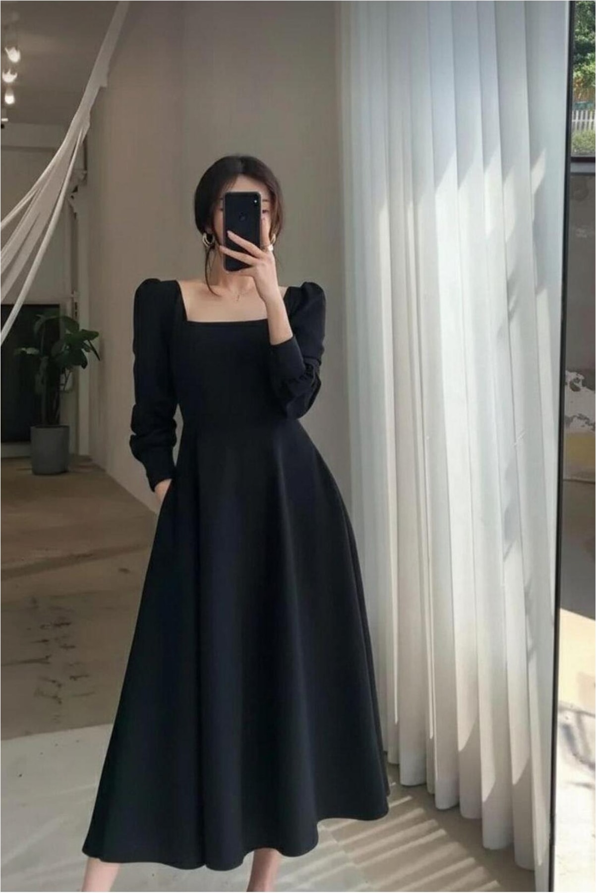 Kare Yaka Elbise Kollu Midi Uzun