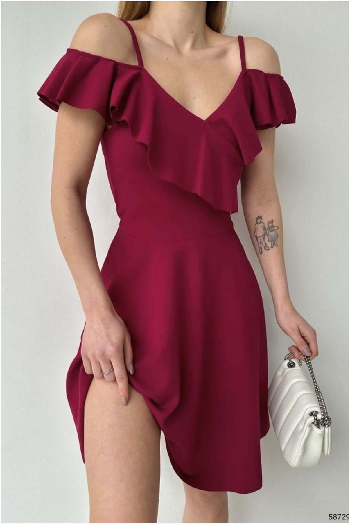 Kadın Trend Model Esnek Krep Kumaş Kruvaze Yaka Volanlı Abiye Elbise