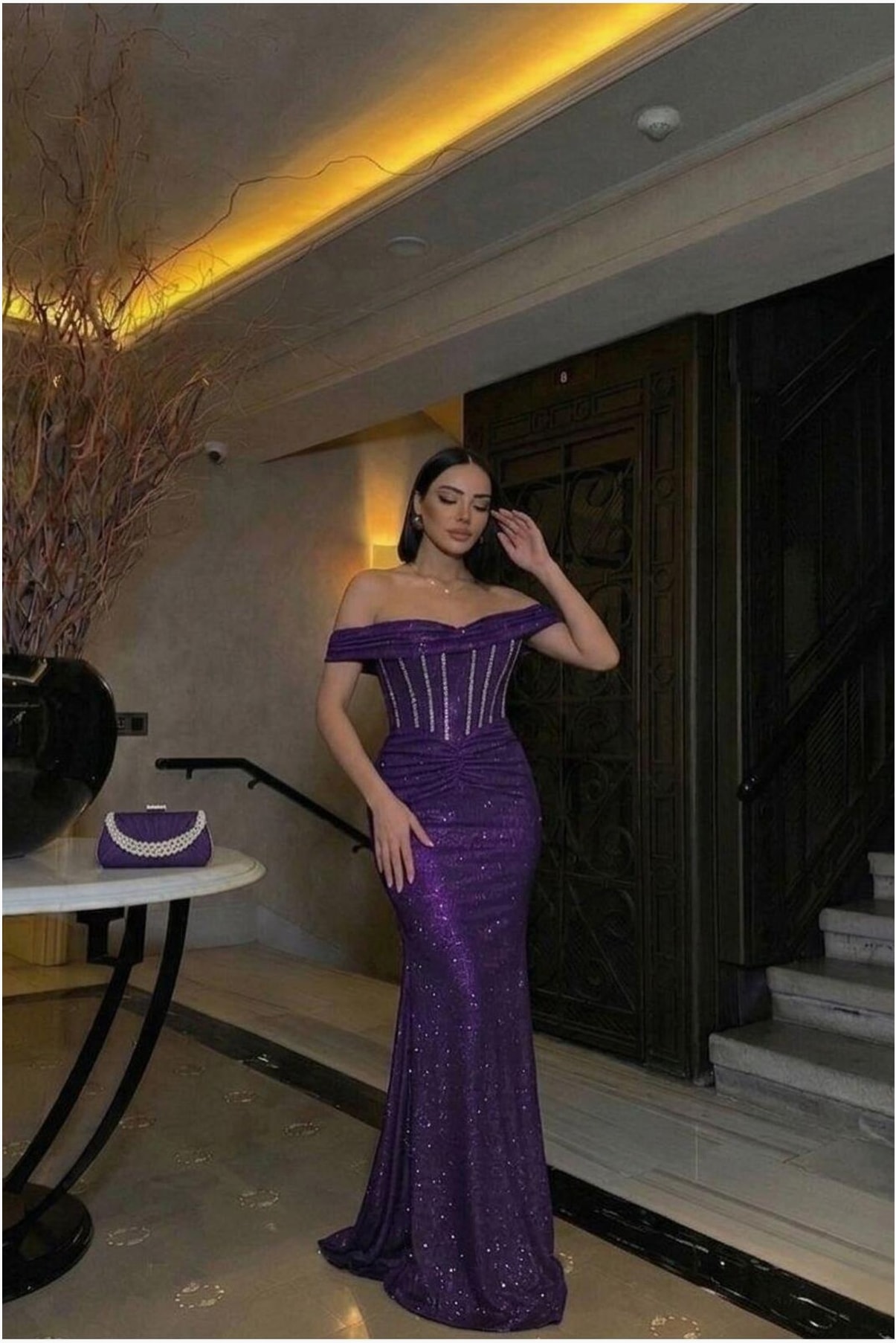 Kadın Şık Model Krep Kumaş Balıkçı Yaka Dekolteli Abiye Elbise