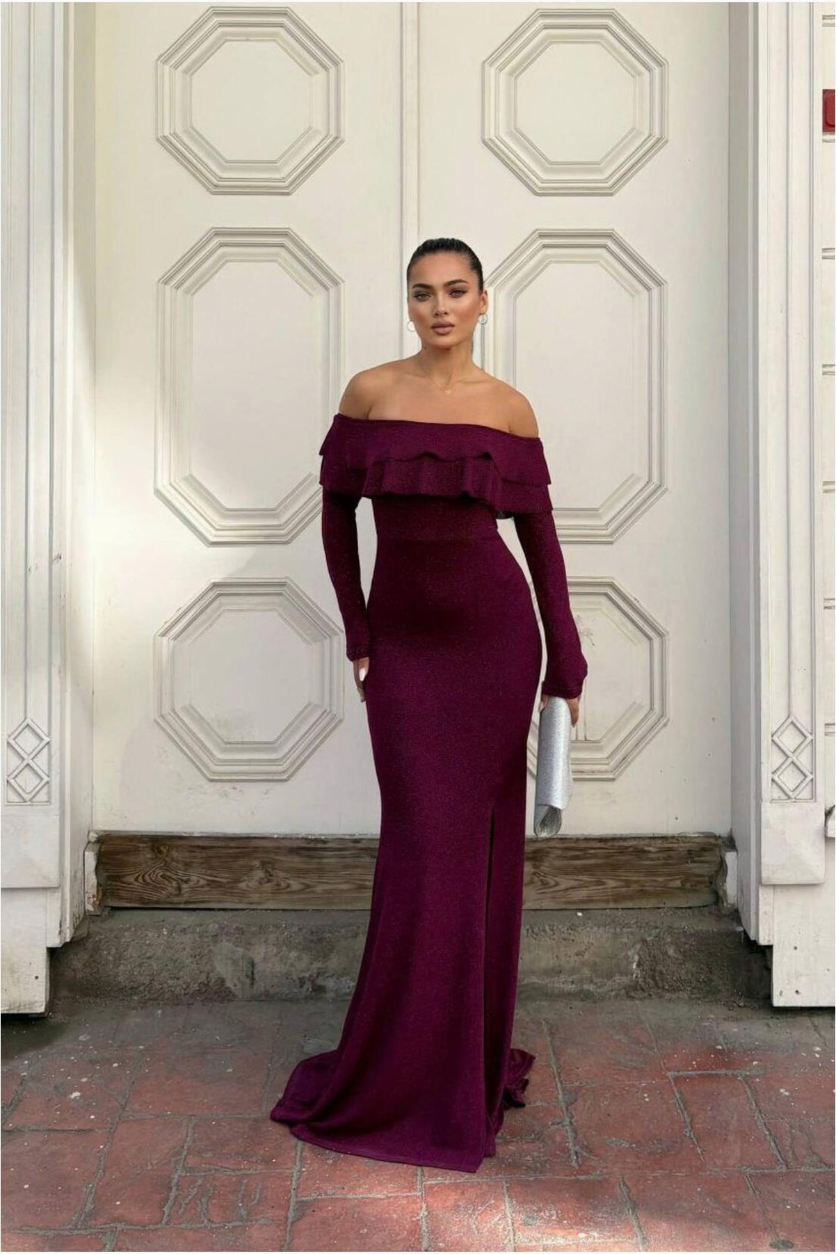 Kadın Modern Stil Esnek Simli Kumaş Straplez Volanlı Abiye Elbise