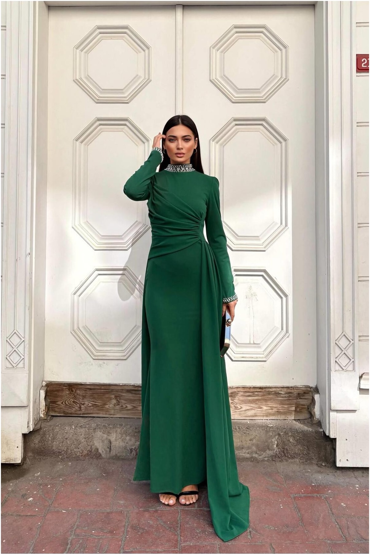 Kadın Modern Stil Taş Detaylı Uzun Kollu Elbise