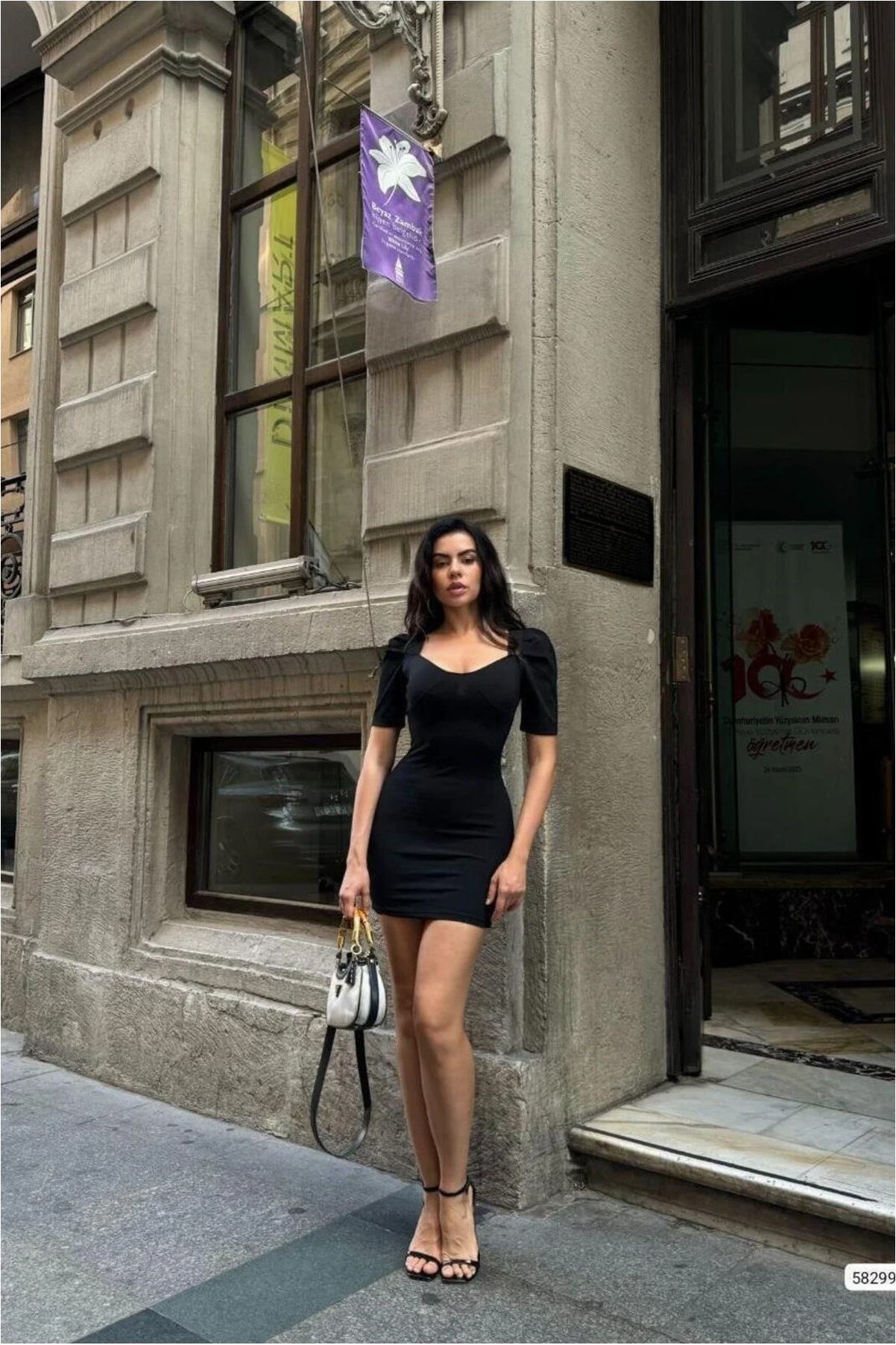 Kare Yaka Balon Kollu Elbise Mini Görsel 12