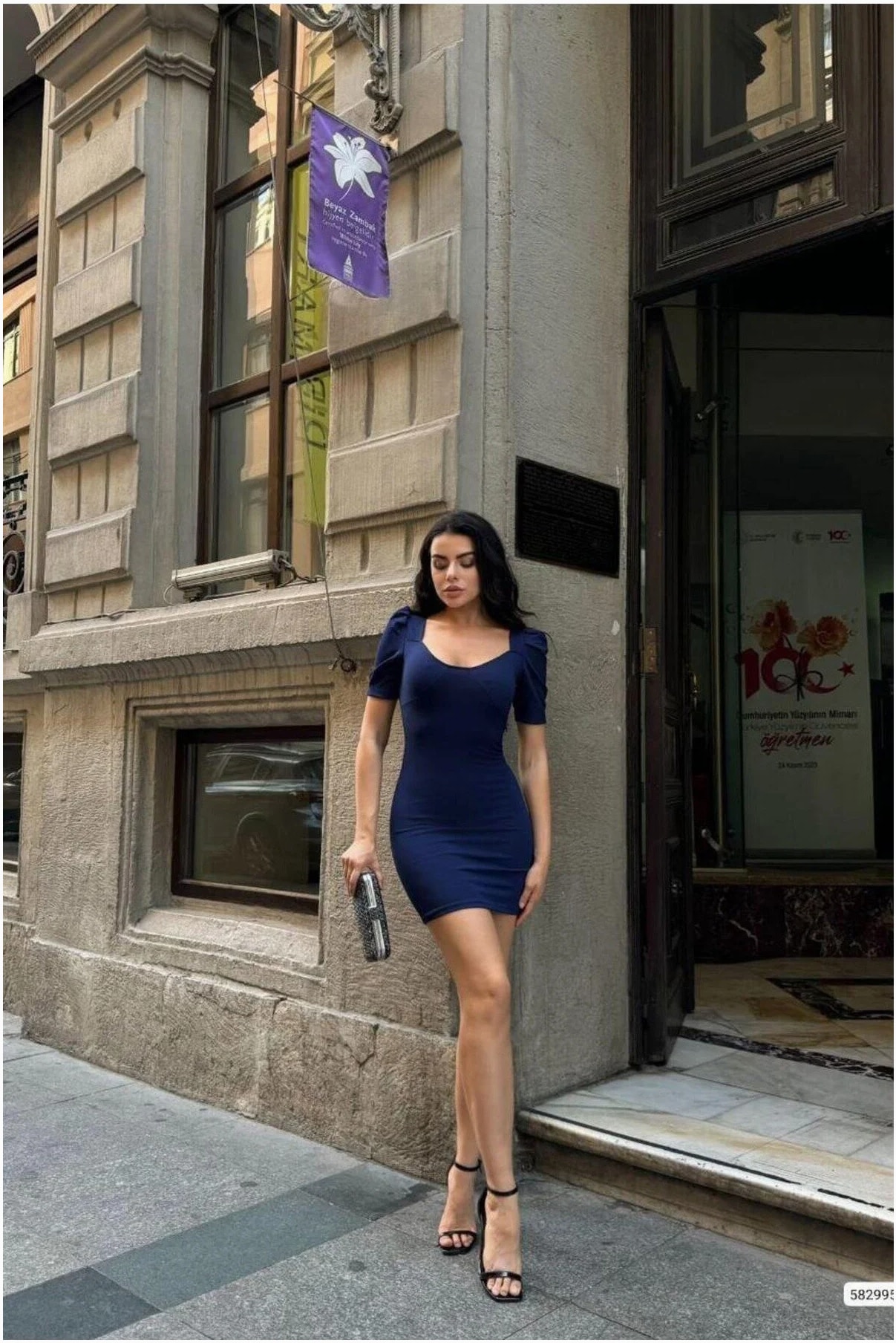 Kare Yaka Balon Kollu Elbise Mini Görsel 5