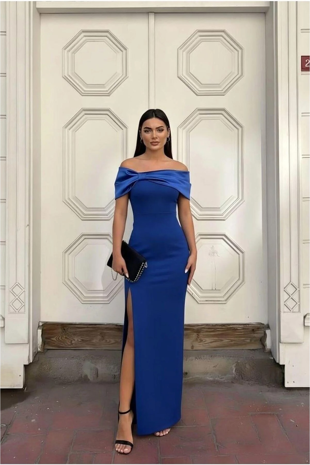 Esnek Saten Yaka Abiye Kumaş Yırtmaçlı Elbise Carmen Görsel 9