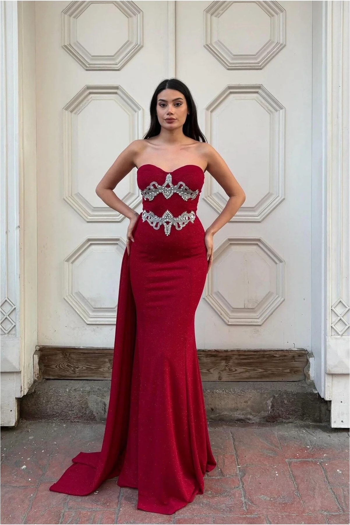 Taş Detaylı Abiye Kollu Elbise Uzun Görsel 8
