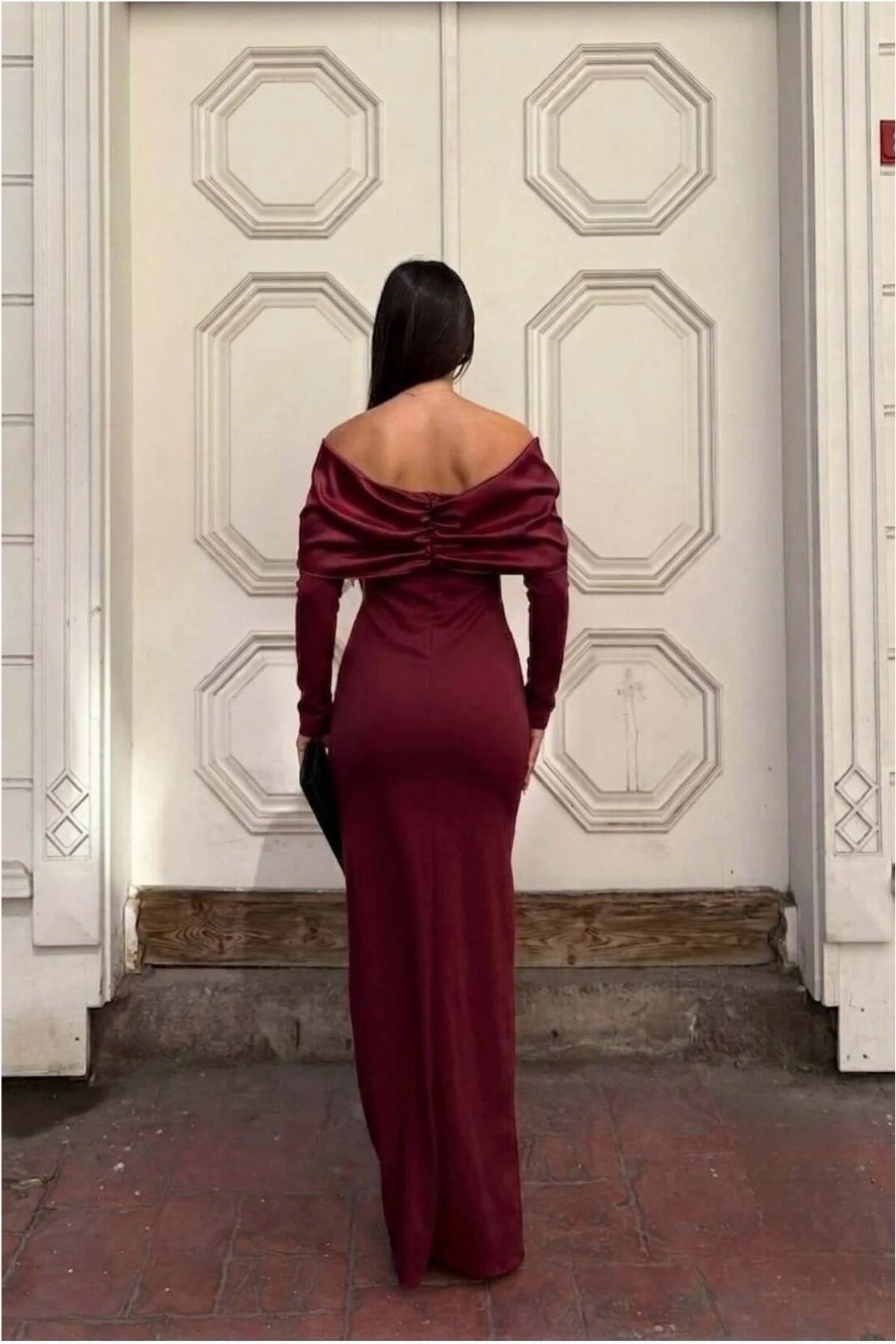 Esnek Saten Yaka Abiye Kumaş Yırtmaçlı Elbise Carmen Görsel 2