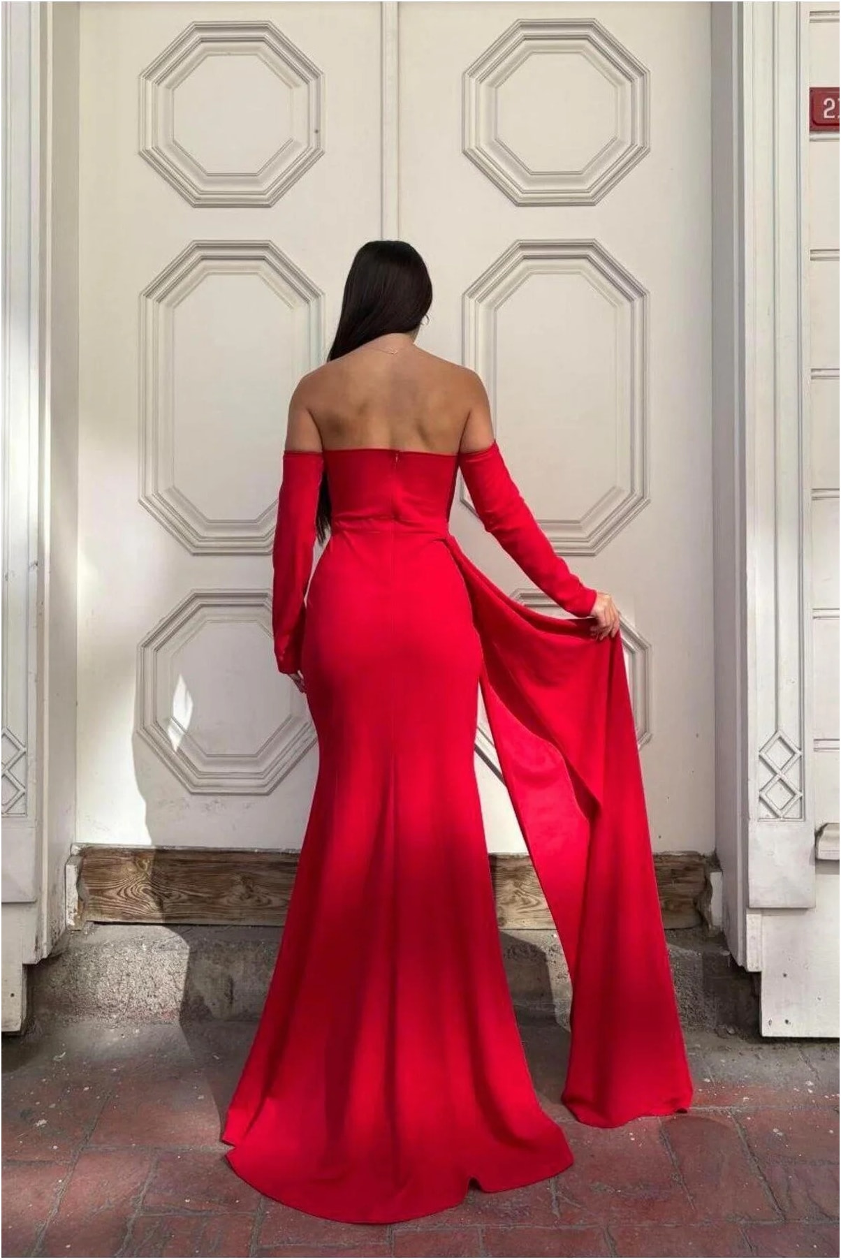 Kadın Yaka Detaylı V Elbise Krep Görsel 15