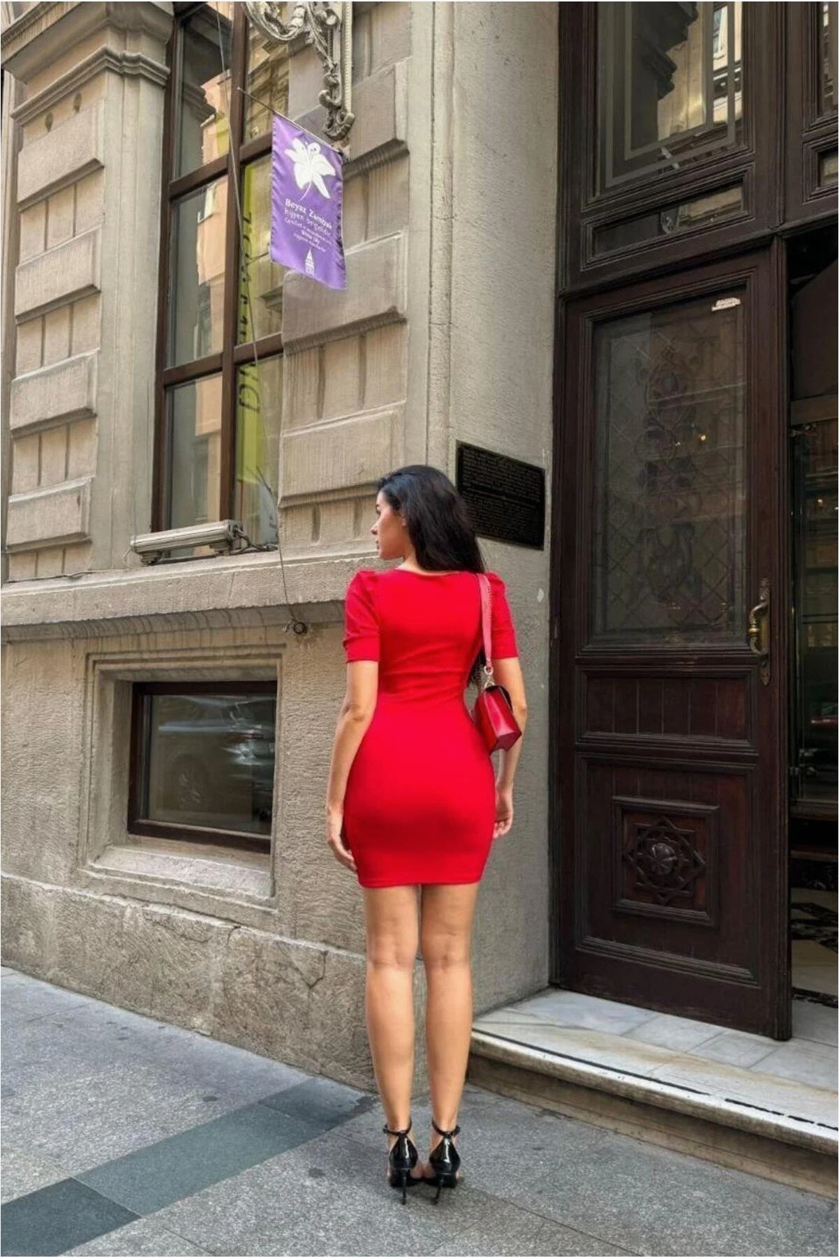 Kare Yaka Balon Kollu Elbise Mini Görsel 4
