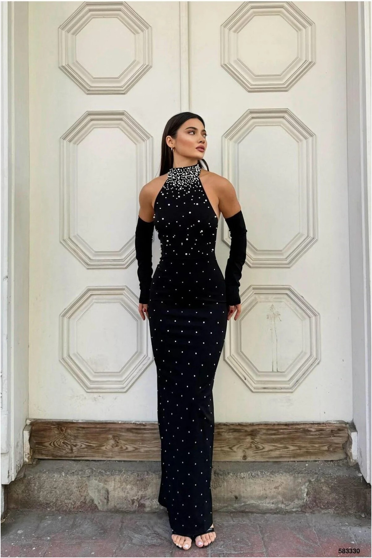 Balıkçı Yaka Kesim Abiye Kollu Balık Elbise Uzun Görsel 8