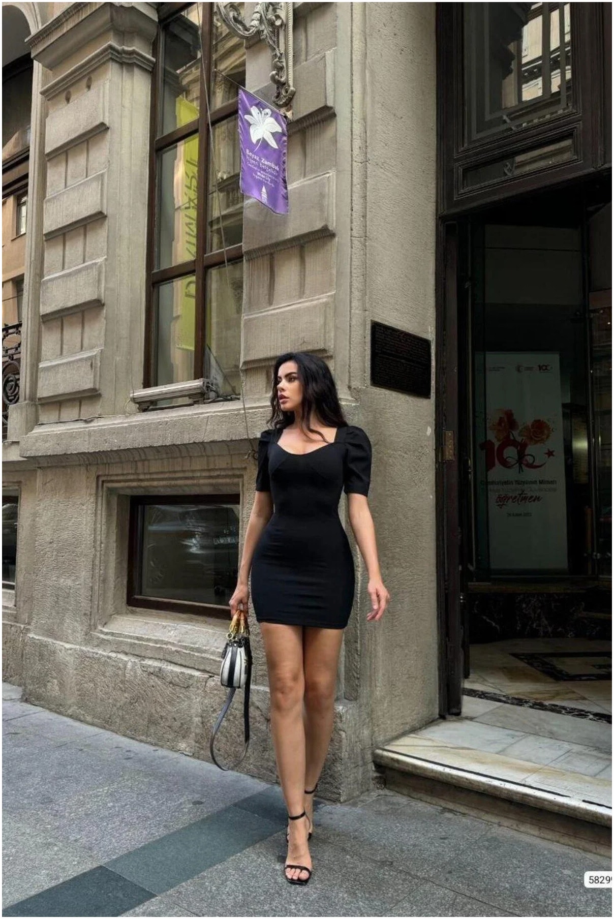 Kare Yaka Balon Kollu Elbise Mini Görsel 9