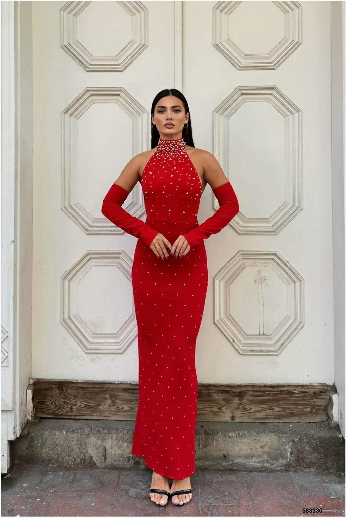 Balıkçı Yaka Kesim Abiye Kollu Balık Elbise Uzun Görsel 3