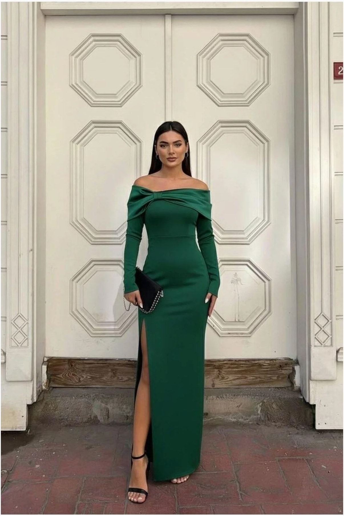 Esnek Saten Yaka Abiye Kumaş Yırtmaçlı Elbise Carmen Görsel 17