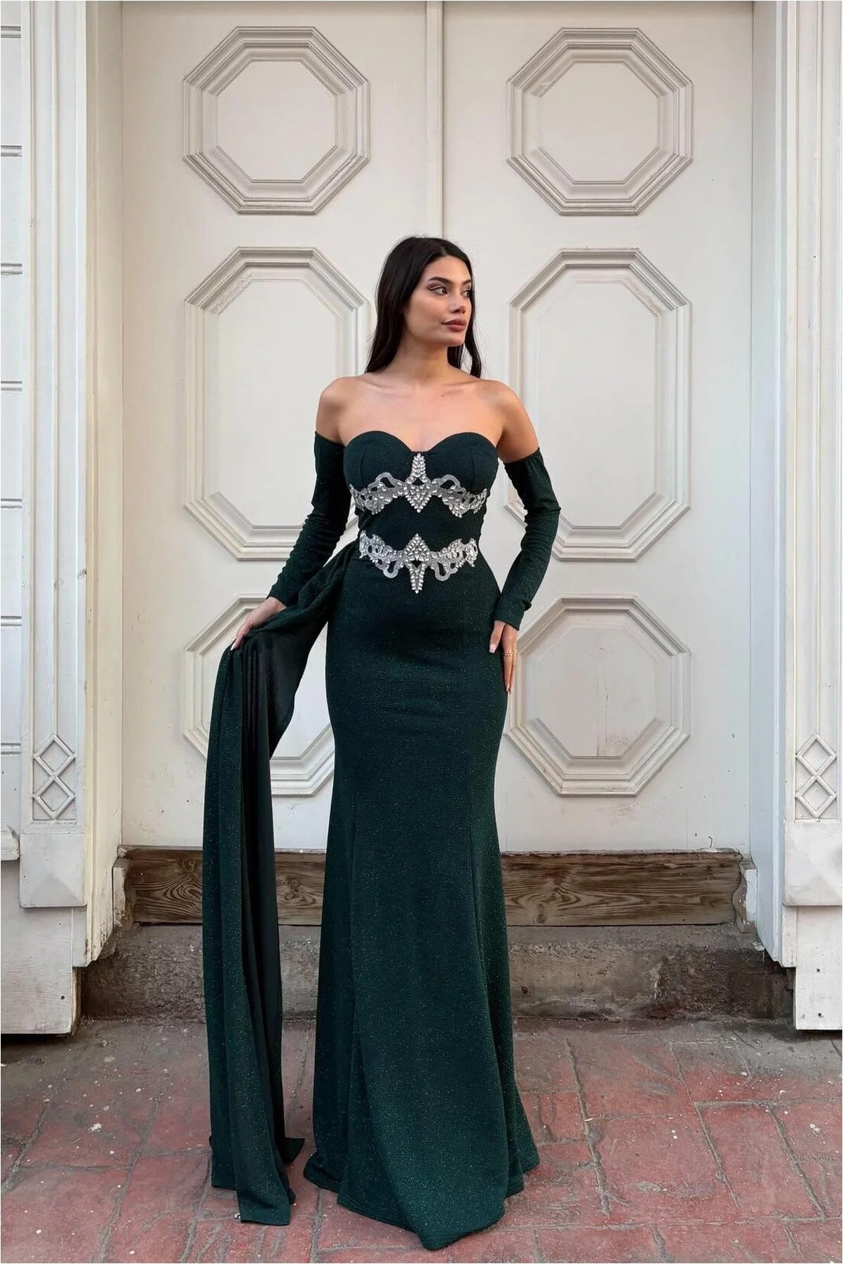 Taş Detaylı Abiye Kollu Elbise Uzun Görsel 17