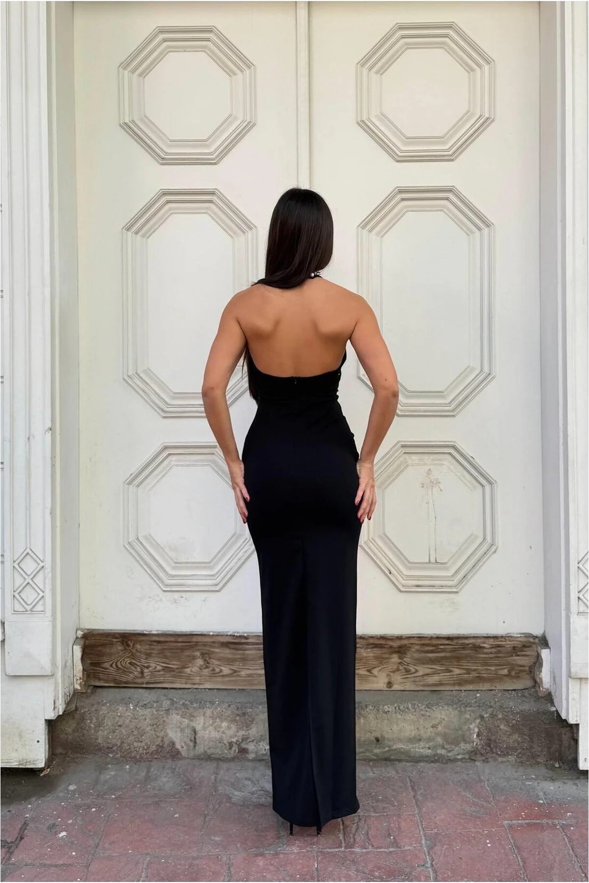 Balıkçı Yaka Kesim Abiye Kollu Balık Elbise Uzun Görsel 7