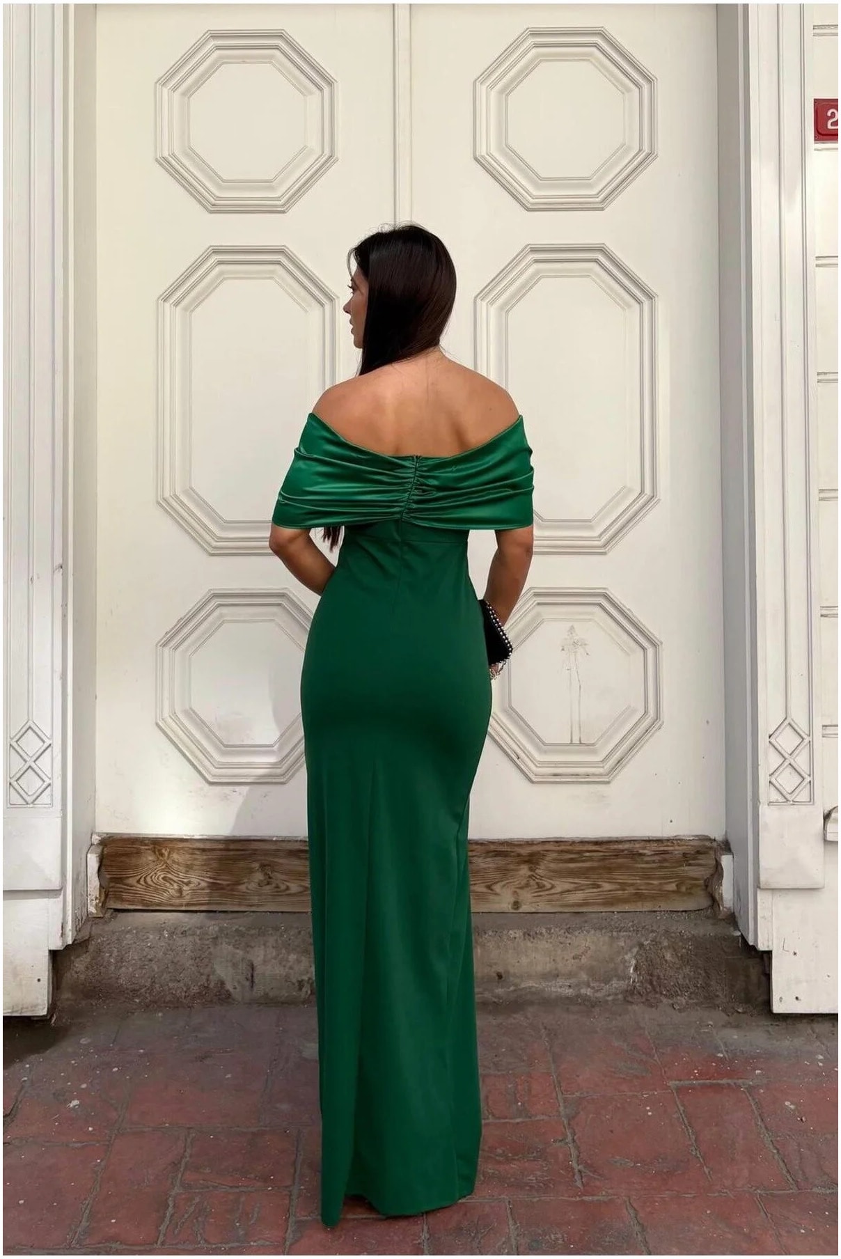 Esnek Saten Yaka Abiye Kumaş Yırtmaçlı Elbise Carmen Görsel 16