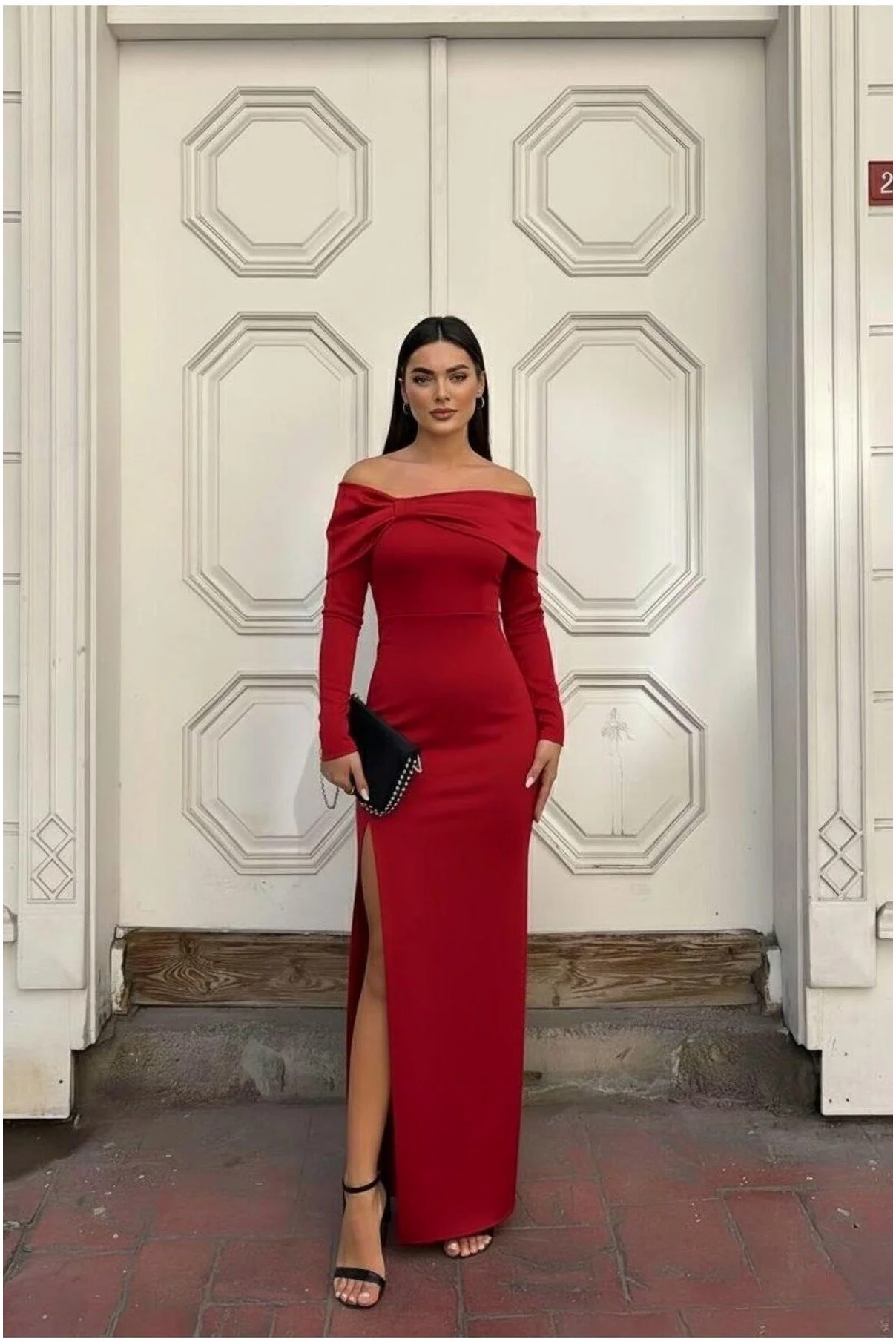 Esnek Saten Yaka Abiye Kumaş Yırtmaçlı Elbise Carmen Görsel 7