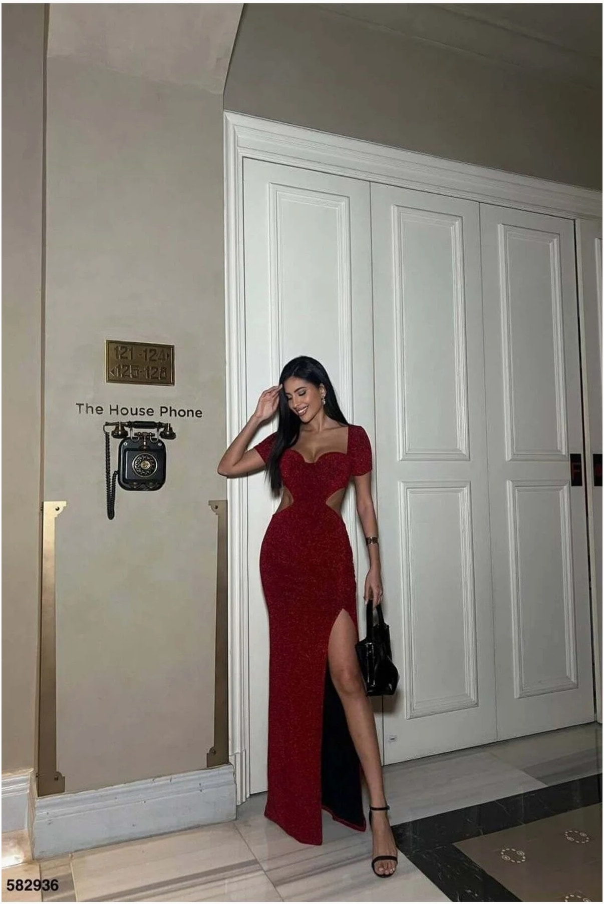 Degaje Yaka Abiye Kısa Kollu Yırtmaçlı Elbise Görsel 5