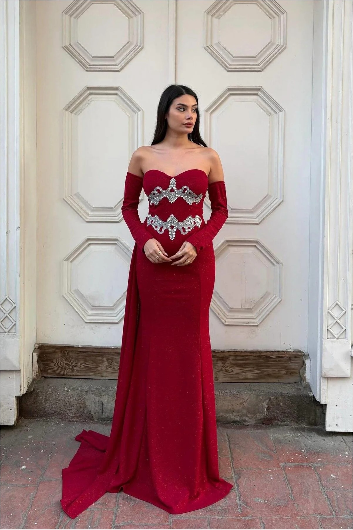 Taş Detaylı Abiye Kollu Elbise Uzun Görsel 5