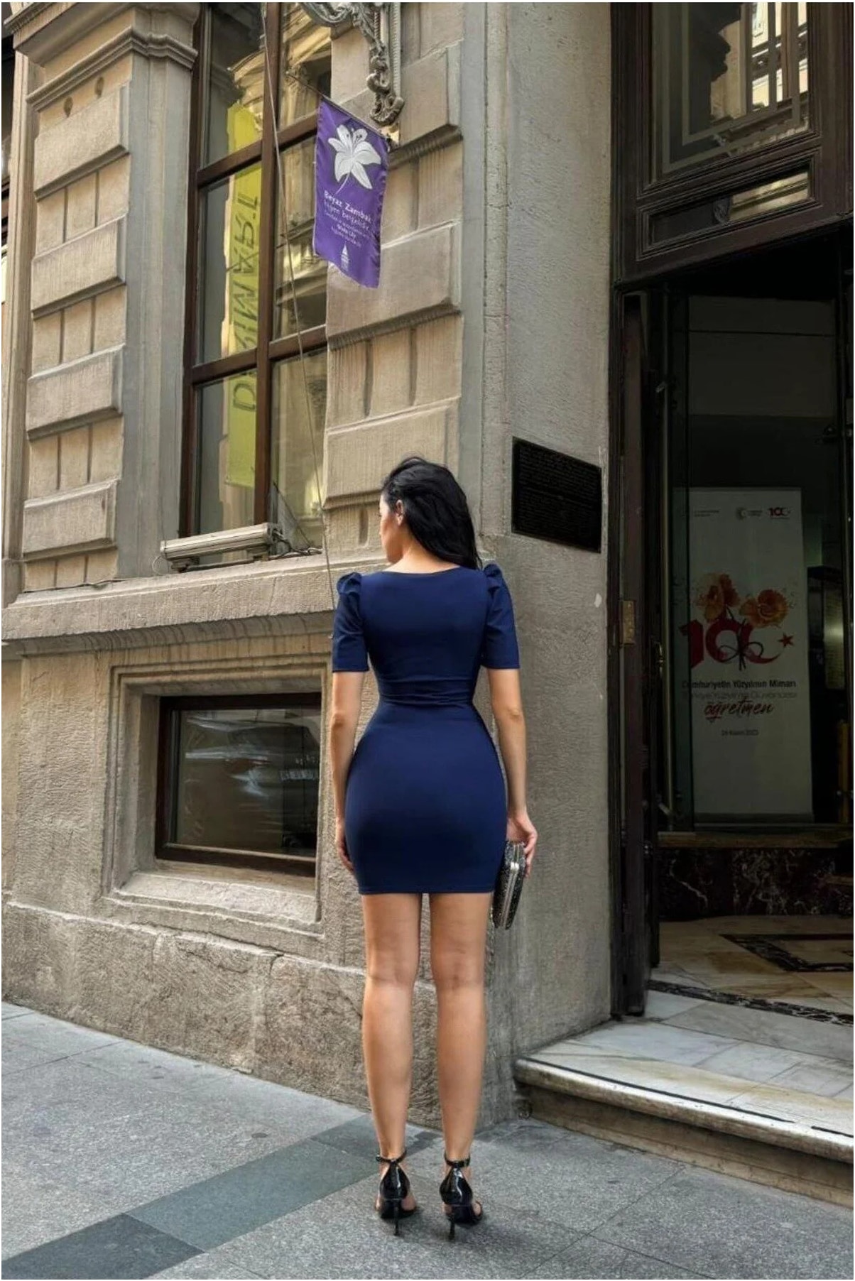 Kare Yaka Balon Kollu Elbise Mini Görsel 7