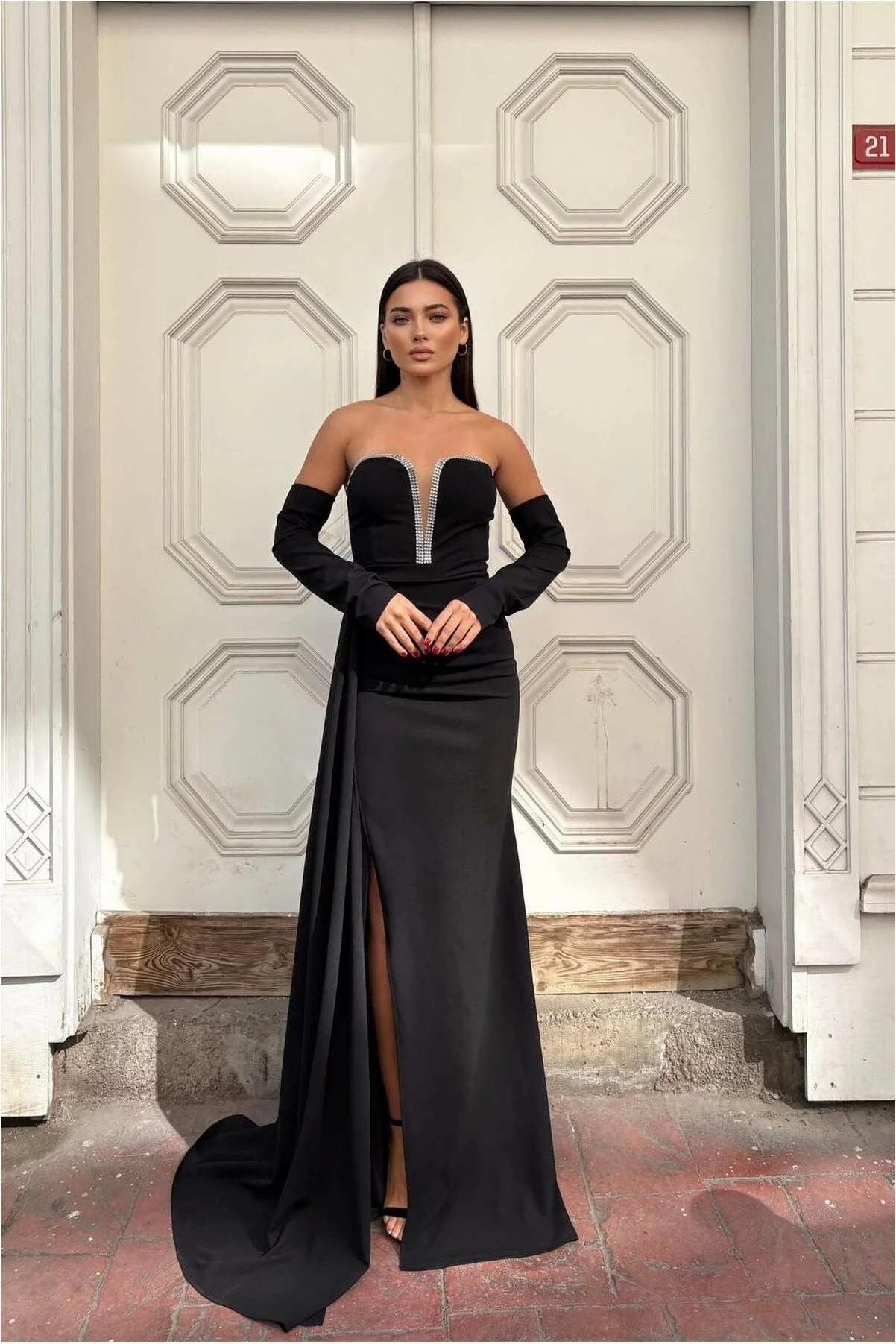 Kadın Yaka Detaylı V Elbise Krep Görsel 26