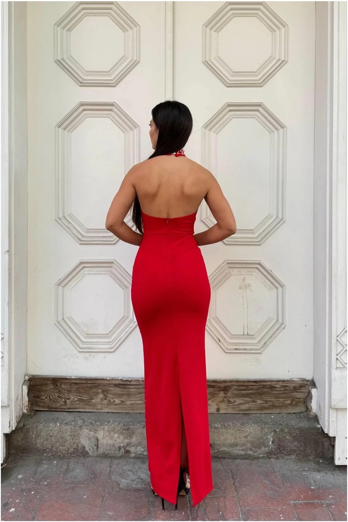 Balıkçı Yaka Kesim Abiye Kollu Balık Elbise Uzun Görsel 2