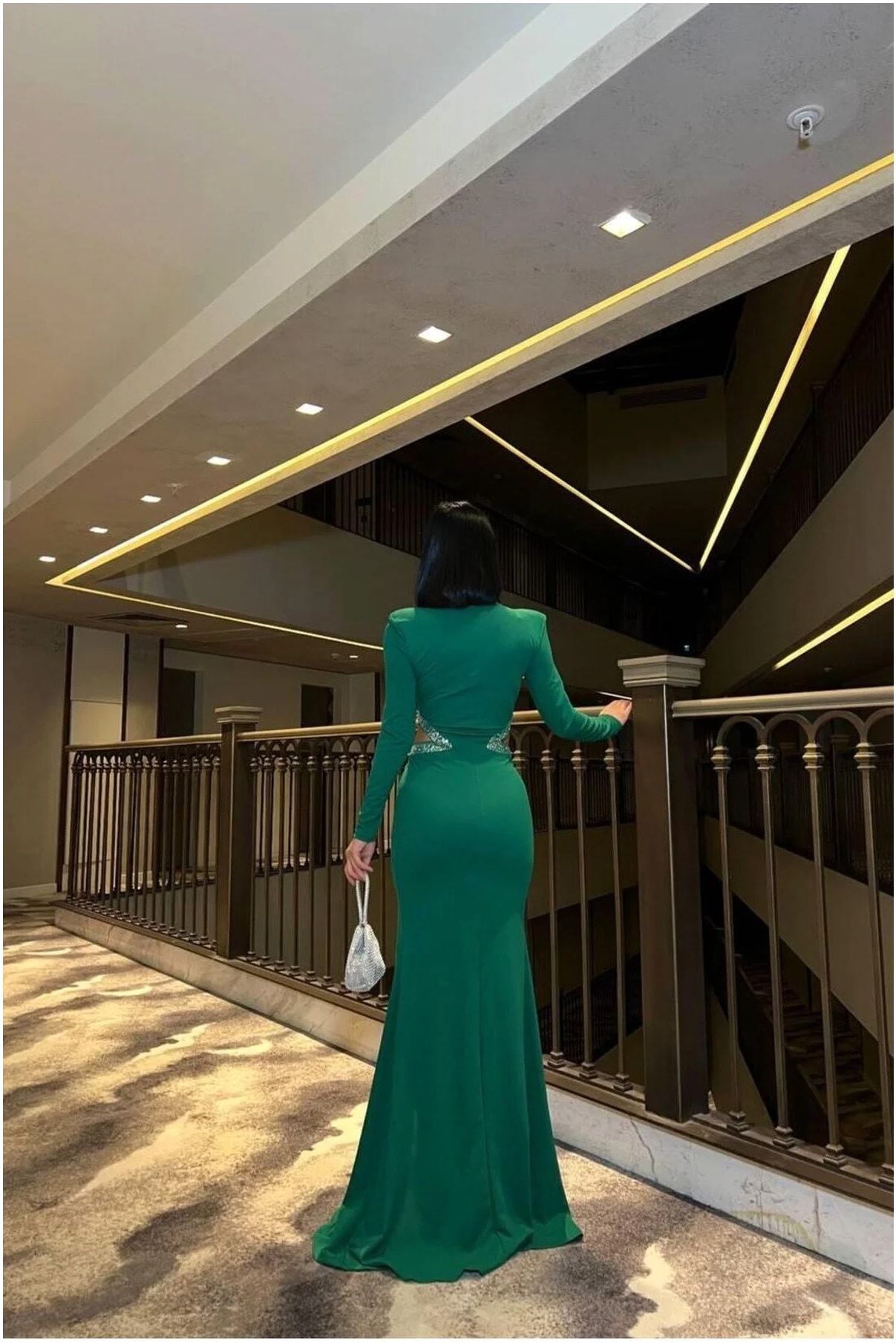 Bisiklet Yaka Detaylı Abiye Kollu Taş Elbise Uzun Görsel 7