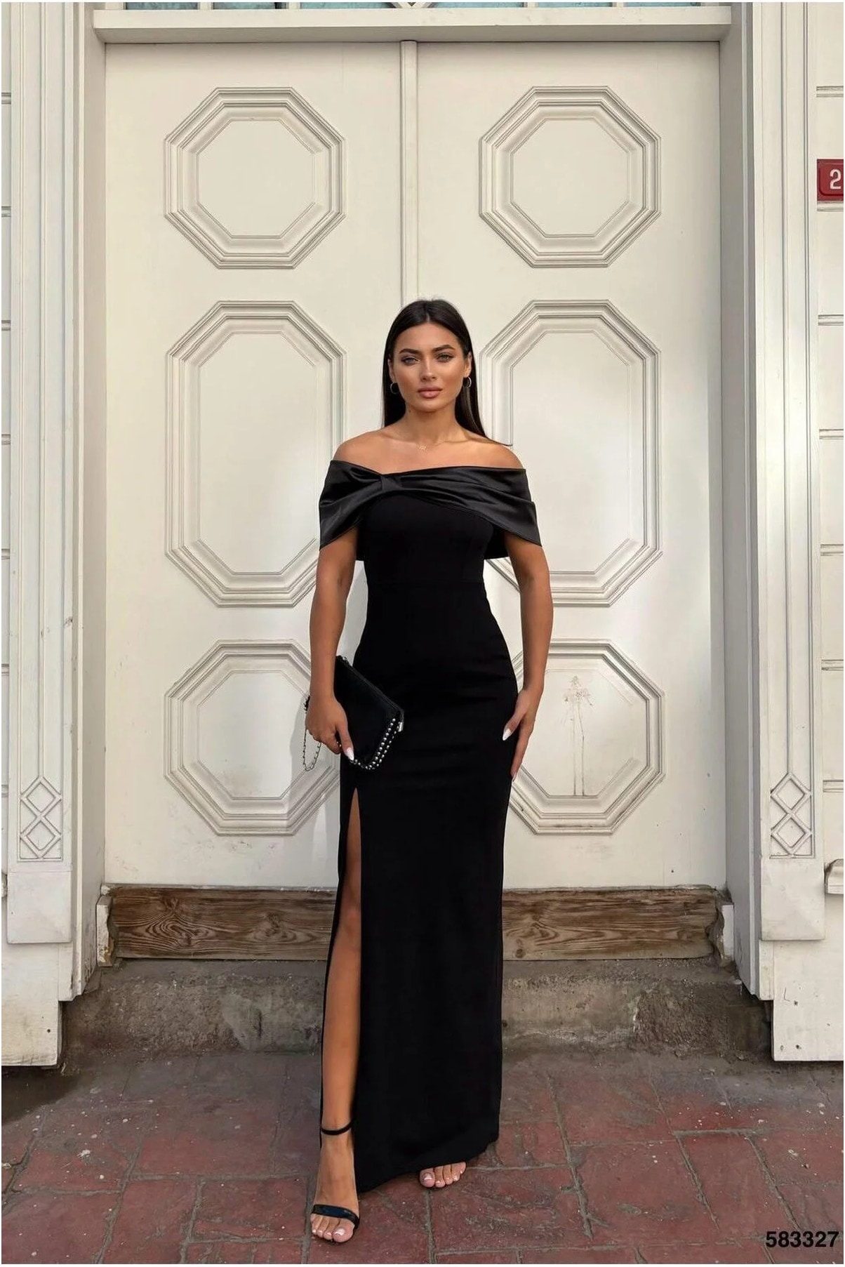 Esnek Saten Yaka Abiye Kumaş Yırtmaçlı Elbise Carmen Görsel 11