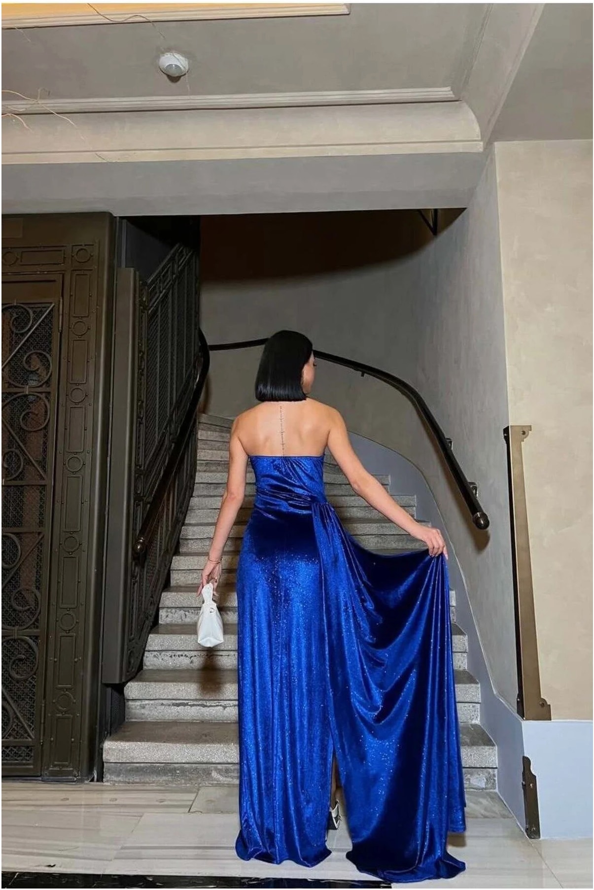 Kadife Maxi Abiye Kumaş Straplez Yırtmaçlı Elbise Görsel 8